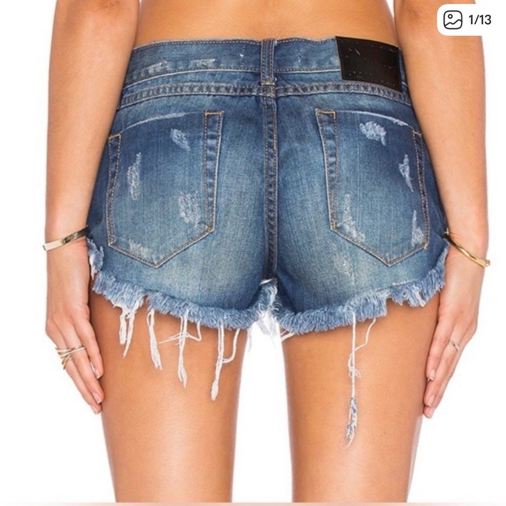 One Teaspoon Number 2’s Blue Distressed Ripped Frayed Hem Denim Shorts Boho